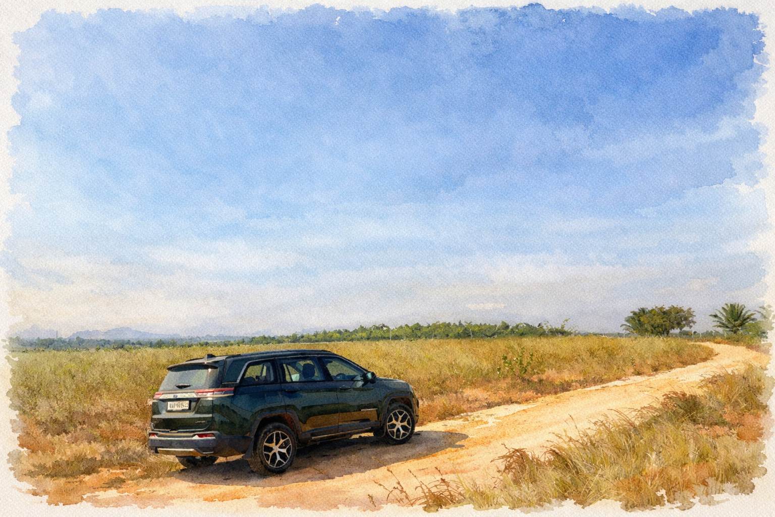 A dirt road winding through open fields